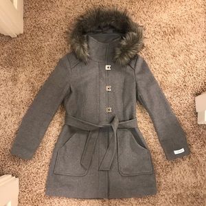 Calvin Klein! Gray Wool Fur-Lined Hooded Zip & Button Up Coat with Waist Belt